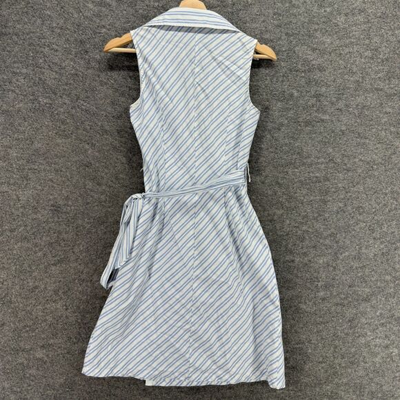 Express Wrap Dress Women 5/6 Blue Striped Midi Collared Belted Tie Up Sleeveless - Picture 2 of 6